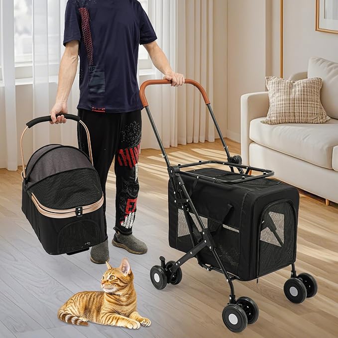 Double Pet Stroller with Detachable Carriers, Large Cat & Dog Stroller with 4 Wheels, Foldable Pet Strollers Small & Medium Dogs Cats 77lbs (Black)