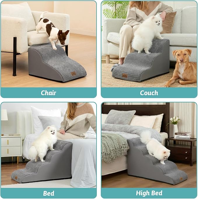 Dog Stairs for Small Dogs 15.7" H, Curved Dog Step for Puppy, Older Cat, Medium Pet Ramp for Sofa, Couch or Chair, Ladder with High Density Foam, 15.7x22.4x15.7 inch, 3 Step, Light Grey