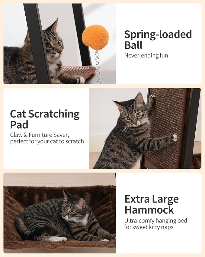 FourFurPets Modern Cat Tree, 58-Inch Cat Tower for Large Cats, Maine Coon Cat Tree with Scratching Board, Large Perch, Hammock and Removable Pads, Rustic Brown