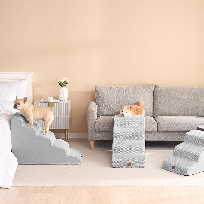 EHEYCIGA Curved Dog Stairs Ramp for High Beds 22.6" H, 5-Step Dog Steps for Small Dogs and Cats, Pet Stairs for High Bed Climbing, Non-Slip Balanced Pet Step Indoor, Light Grey
