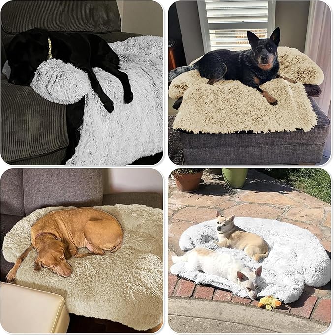 GGIB Calming Dog Bed Fluffy Plush Dog Mat for Furniture Protector with Removable Washable Cover for Large Medium Small Dogs and Cats (Extra Extra Large, Beige)