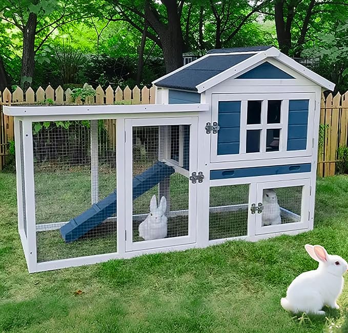 GARWOOD Large Outdoor Indoor Rabbit Hutch Wooden Bunny Rabbit Cage 2-Story with Run No-Leak Pull-Out Tray Waterproof Asphalt Roof Ramp for Guinea Pig Small Animal Wood Pet House Home Blue White