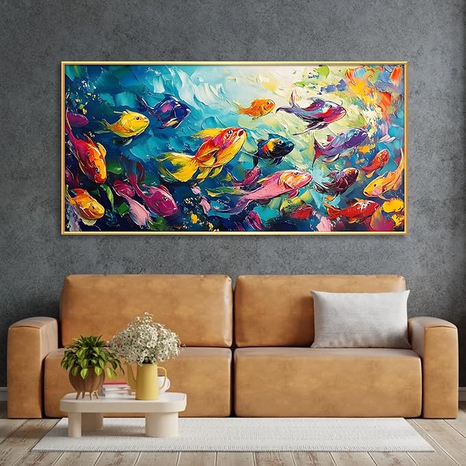 School of Fish Printed Canvas Wall Art – Framed Abstract Ocean Print – Vibrant Fish Wall Decor for Living Room, Bedroom, Office (Black Framed, 31"x15"|80x40cm)