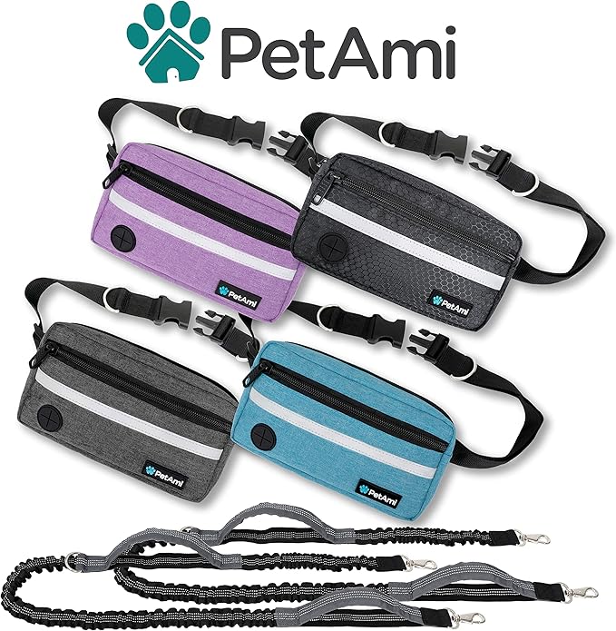 PetAmi Hands Free Dog Leash, Dog Running Leash Belt for Walking Jogging, Dog Waist Zipper Pouch Fanny Pack with Poop Bag Dispenser, Dual Padded Handle Bungee Leash for Small Medium Large Dogs, Double