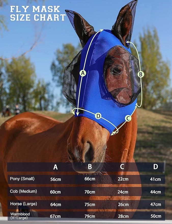 Horse Fly Mask with Ears, UV Protection Mask for Horses, Elasticity Mask with Big Mesh Eye Covers, Snug Fitting Comfortable Breathable Lightweight Royal Blue Cob