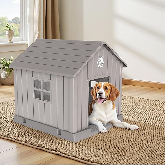DRATO Dog House Indoor Outdoor for Small to Large Sized Dogs Indoor Outdoor Doghouse Puppy Shelter with Elevated Floor, Easy to Assemble (Light Brown, 31Inch(31.18 * 33.7 * 32.52))