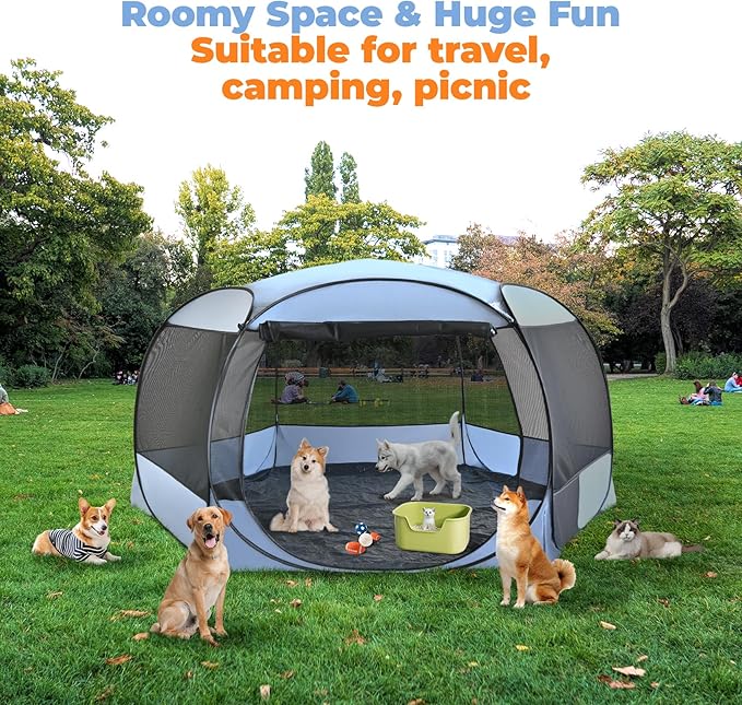 XXLarge Popup Portable Dog Houses, 10'x4.8'H Assembly-Free Gazebo-Style Kennel Dog Playpen Pet Screen Tent Sun Shade Shelter, Dog Crates Canopy for Travel Camping Anti-Bugs with Leakproof Bottom