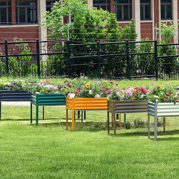 Land Guard Galvanized Raised Garden Bed with Legs, 96×24×32in Raised Garden Beds Outdoor with Drainage Holes, Planter Boxes Outdoor for Backyard, Patio, Balcony, 800lb Capacity, Cream Yellow