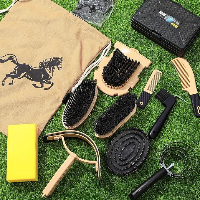 Abbylike 12 Pieces Horse Grooming Kit Racing Festival Tack Room Supplies Horse Brush Sets Equine Care Cleaning Kit Shedding Grooming Massaging Tools(Black)