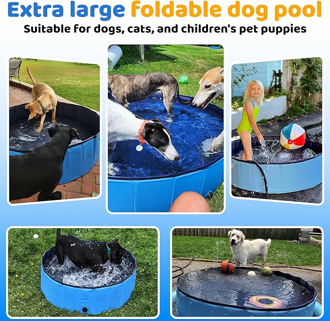 55.1" x 12" Foldable Dog Pool - Collapsible Hard Plastic Kiddie Pool for Dogs & Kids, Non-Slip Pet Bath Tub for Outdoor Backyard Use, Lightweight & Portable (Blue)