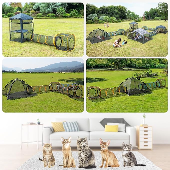 Pet Play Tunnel + Cube(with Three Ways) for Indoor and Outdoor, Kitty Play House, Cat Enclosures, Collapsible Cat Tent, Cage, Kitten Toys Easy to Connect with Kitty Tent(2 Cubes + Run Tunnel)