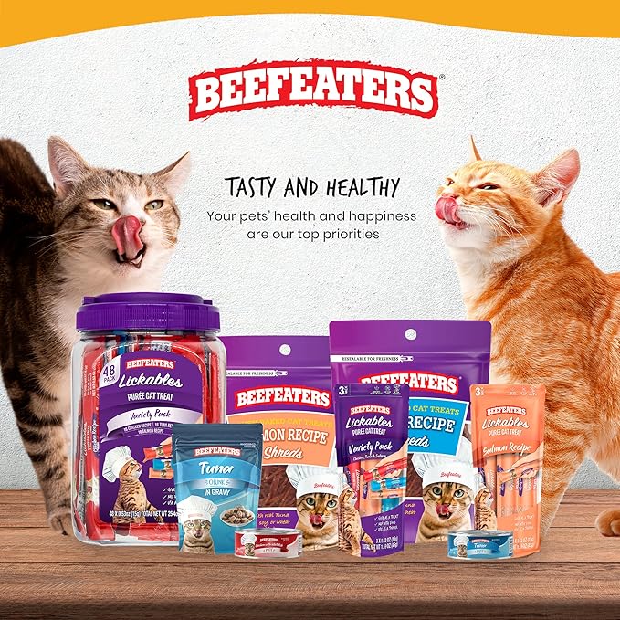 Beefeaters Cat Treats Variety Pack Lickable Puree 48ct – Salmon, Tuna & Chicken, Grain-Free, Taurine-Enriched, Ideal for Training & Interactive Feeding