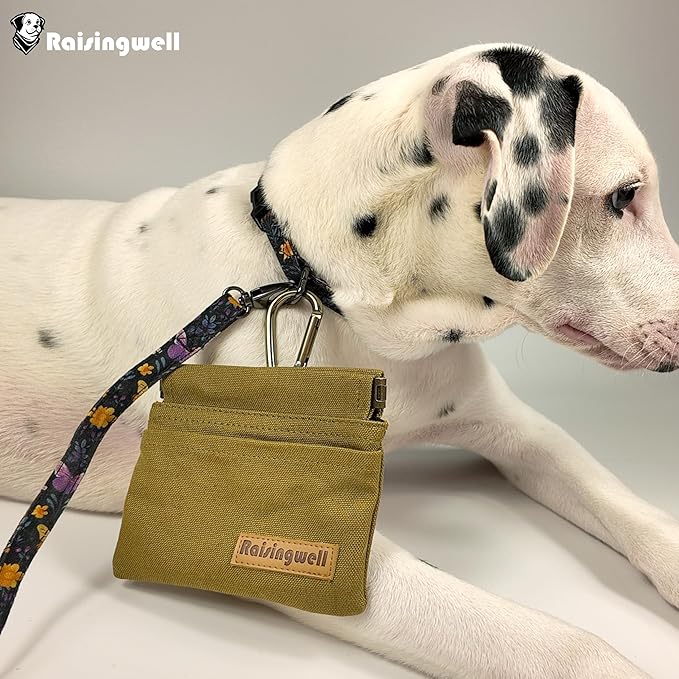 Dog Treat Pouch, Brown Pocket Sized Pet Training Pouch, Cotton Fabric, Hand Free Dog Walking Bag with Carabiner, Self-Closing Pet Feed Snack Reward, for Puppy Travel or Outdoor Use