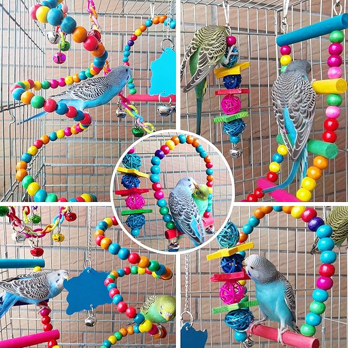 Bird Parakeet Cockatiel Toys, ESRISE Parrots Cage Hammock Swing Climbing Ladders Wooden Perch Chewing Toy for Budgerigar, Conures, Love Birds, Budgies