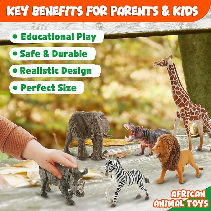 6PCS Safari Animal Figure Toys for Kids 3-5 Realistic Plastic Jungle Animal Figurines African Wildlife Learning Toys for Kids Boys Girls Toddlers