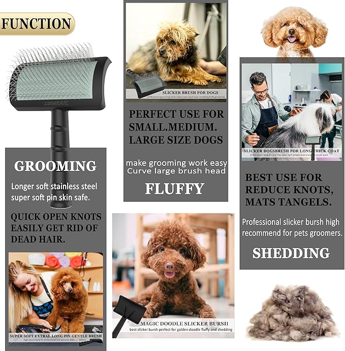 Dog Slicker Brush for Poodles,Doodles,Goldendoodles Grooming Fluffy Shedding Tangles Mats Knots Easy and Quick Best Dog Slicker Brush for Long Thick Curly Coat Labradoodles Dematting.25mm(1'')