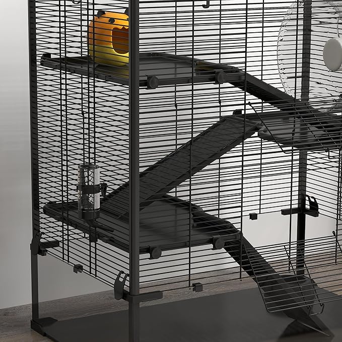 PawHut Large Hamster Cage with Deep Tempered Glass Bottom, 4 Tiers Hamster Tank with Running Wheel, Hut, Water Bottle, Dish, Rat Cage for Syrian, Dwarf, Gerbils, Mouse, 31" x 19" x 31.5", Black