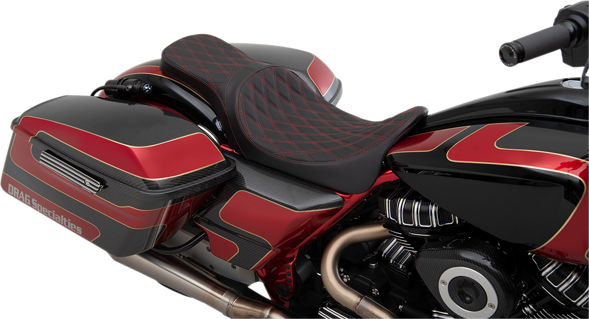 DRAG SPECIALTIES SEATS, DRAG SPECIALTIES SEATS Forward Positioned Predator 2-Up Seat – Double Diamond, Red Stitched for Harley FL 2008-2023 – Part 0801-1267