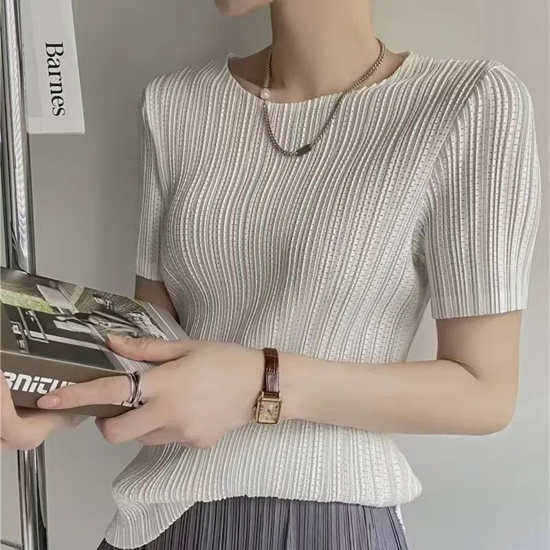 Woman Clothing Top Women Pleated Short-sleeved Female