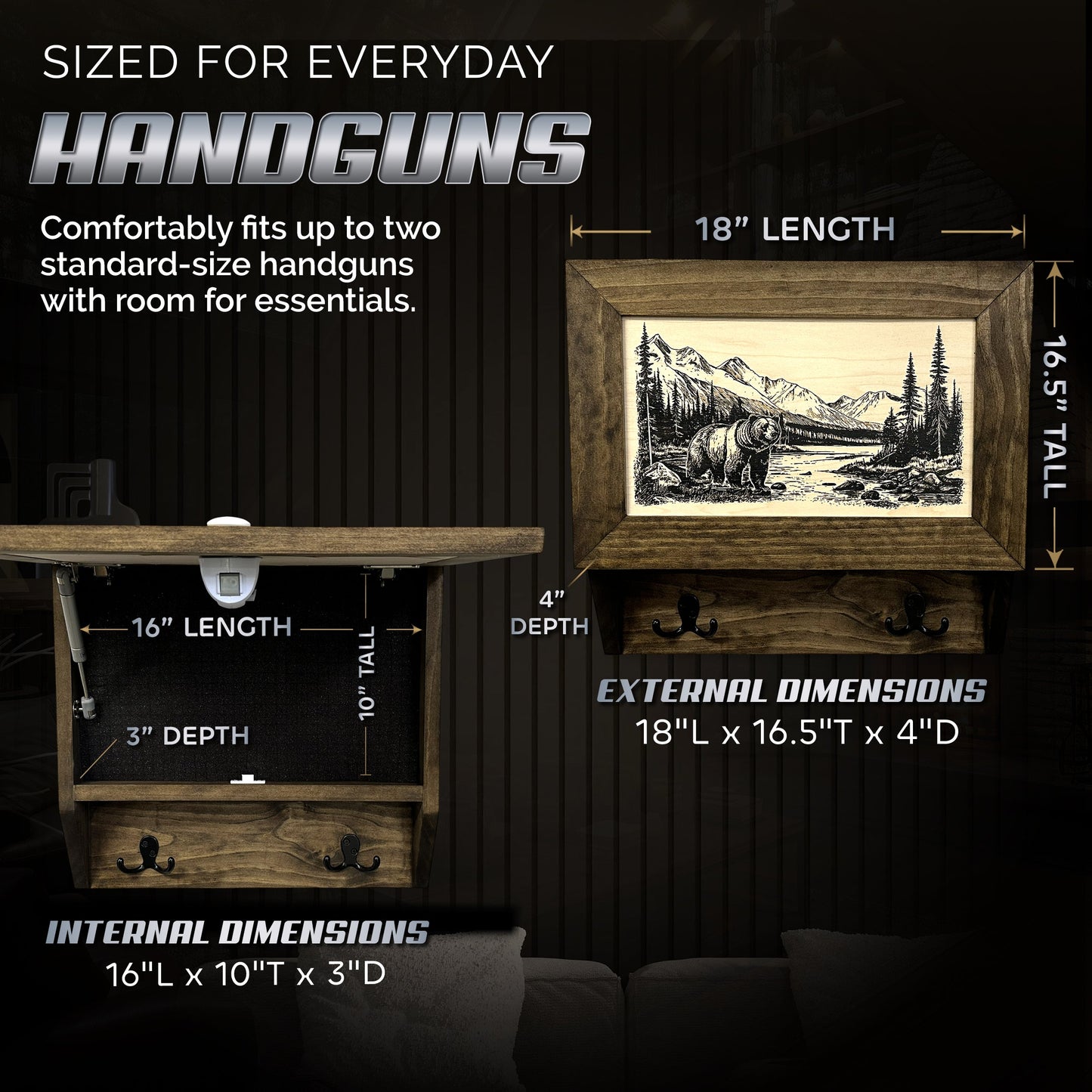 Wilderness Mountain Bear Gun Concealment Furniture - Handcrafted Hidden Gun Storage Wall Decor - Hidden Safe Furniture with Magnetic Lock for Quick Access - Made in USA
