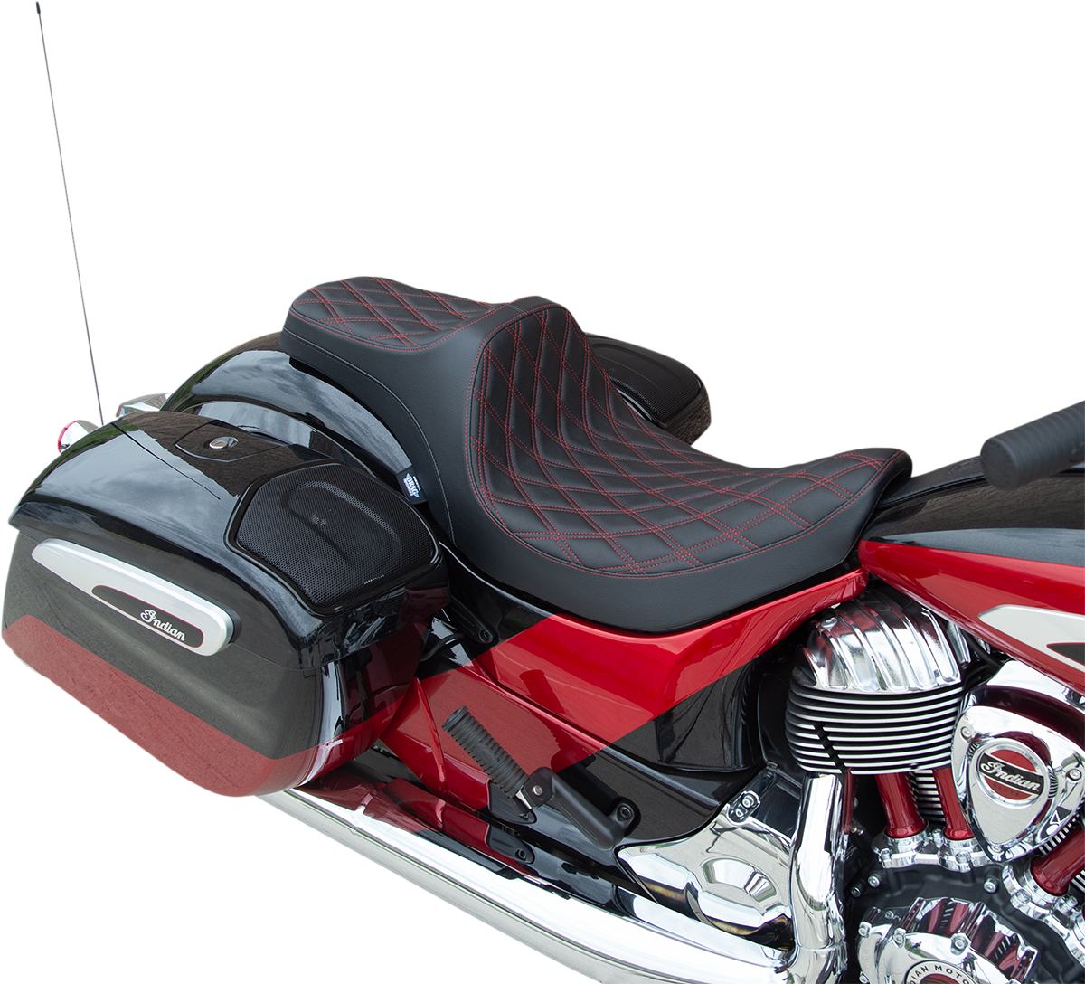 DRAG SPECIALTIES SEATS, DRAG SPECIALTIES SEATS Predator III Double Diamond Seat with Red Stitching for Indian '14-'22 – Vinyl Cover and Molded Foam