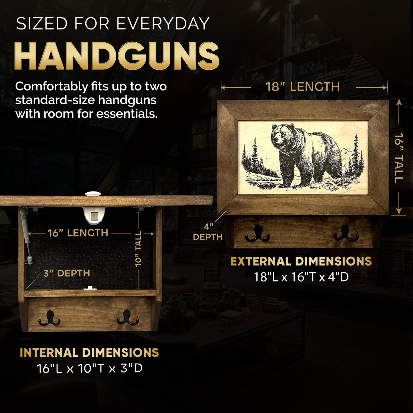 Grizzly Bear Gun Concealment Furniture - Handcrafted Hidden Gun Storage Wall Decor - Hidden Safe Furniture with Magnetic Lock for Quick Access - Made in USA