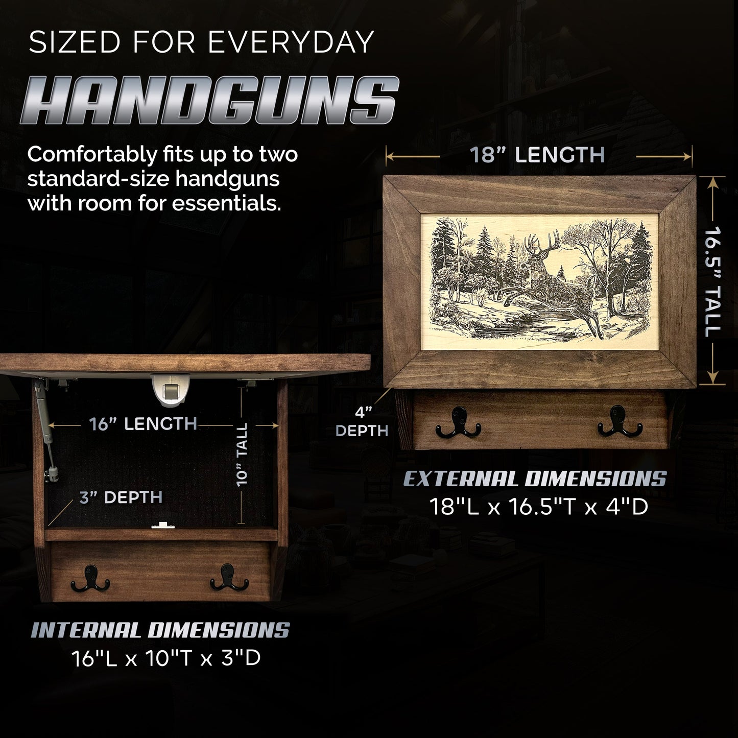 Leaping Deer Gun Concealment Furniture - Handcrafted Hidden Gun Storage Wall Decor - Hidden Safe Furniture with Magnetic Lock for Quick Access - Made in USA