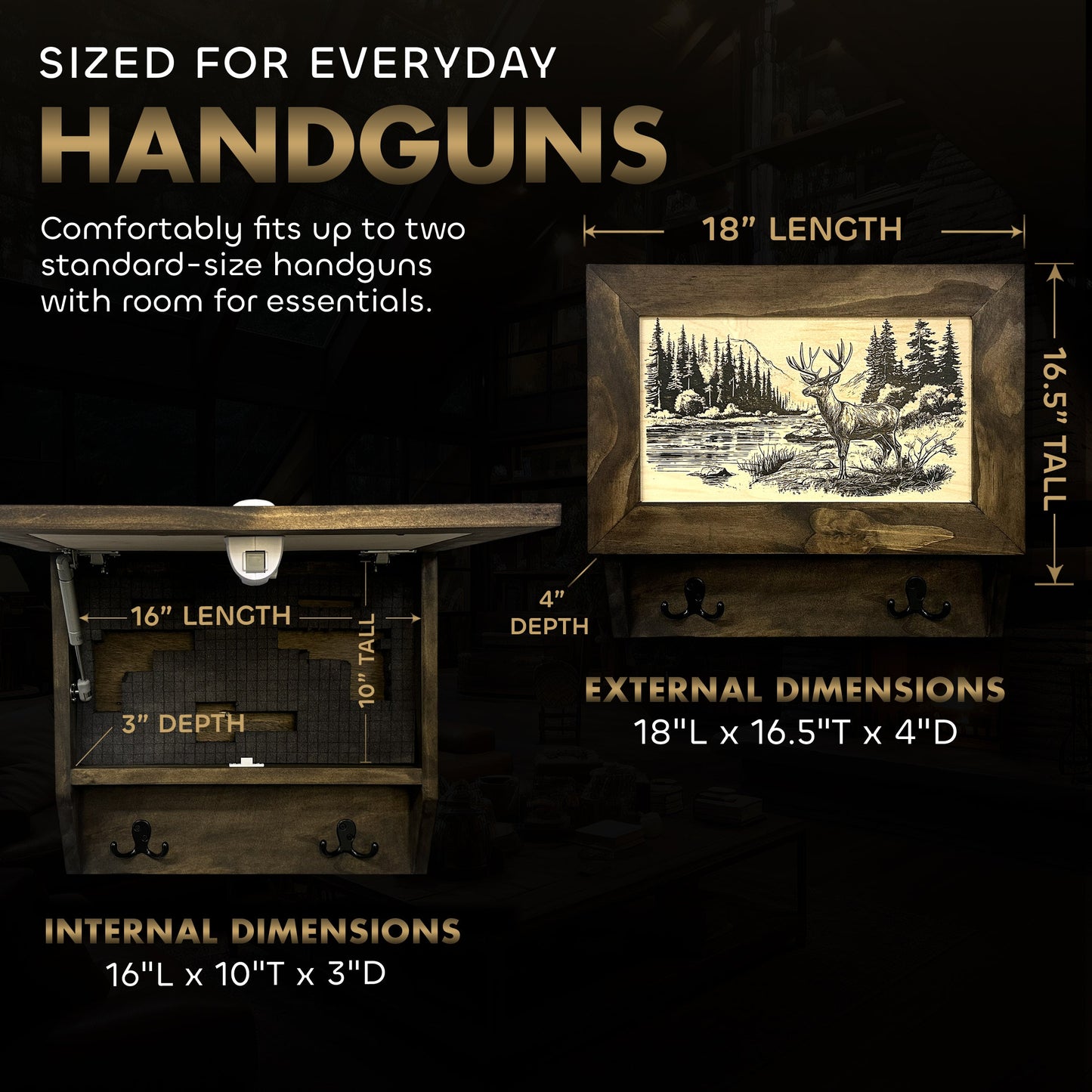Deer Stream Buck Mountains Gun Concealment Furniture - Handcrafted Hidden Gun Storage Wall Decor - Hidden Safe Furniture with Magnetic Lock for Quick Access & Storage