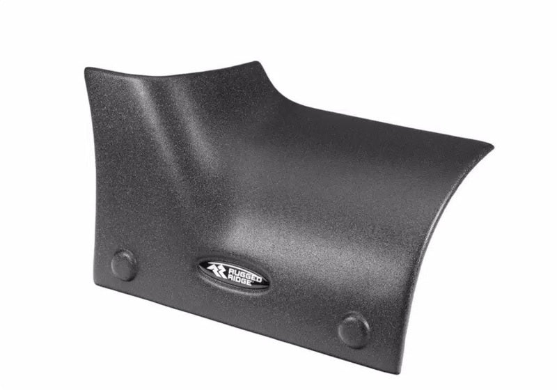 Rugged Ridge 20-22 Jeep Gladiator Cowl Cover 4dr. Cowl Guard Pair - Tex. Blk, showcasing durable UV thermoplastic material designed to protect the cowl area from mirror damage.