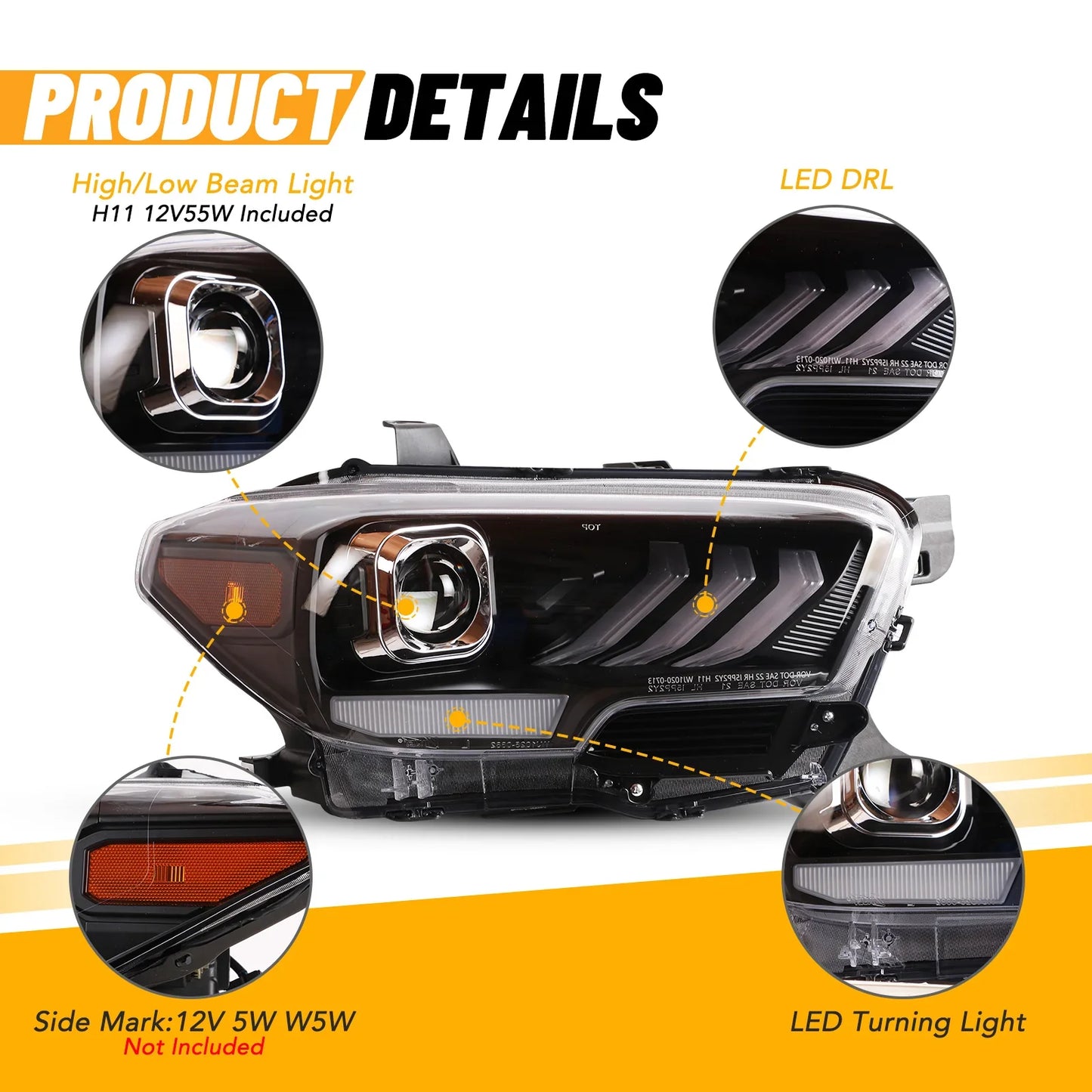 Winjet 2016-2023 Toyota Tacoma DRL Head Lights - Matte Black/ Clear