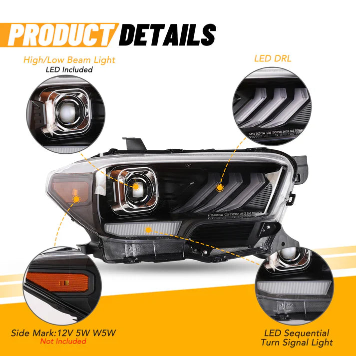 Winjet 2016-2019 Toyota Tacoma/2020-2023 Tacoma SR SR5 TRD Sport DRL Head Lights - Matte Black/ Clear