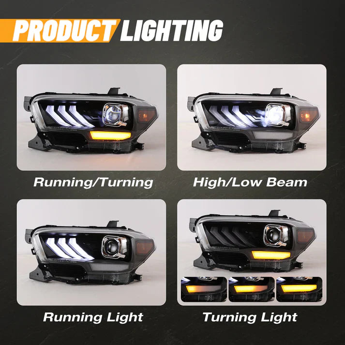 Winjet 2016-2019 Toyota Tacoma/2020-2023 Tacoma SR SR5 TRD Sport DRL Head Lights - Matte Black/ Clear