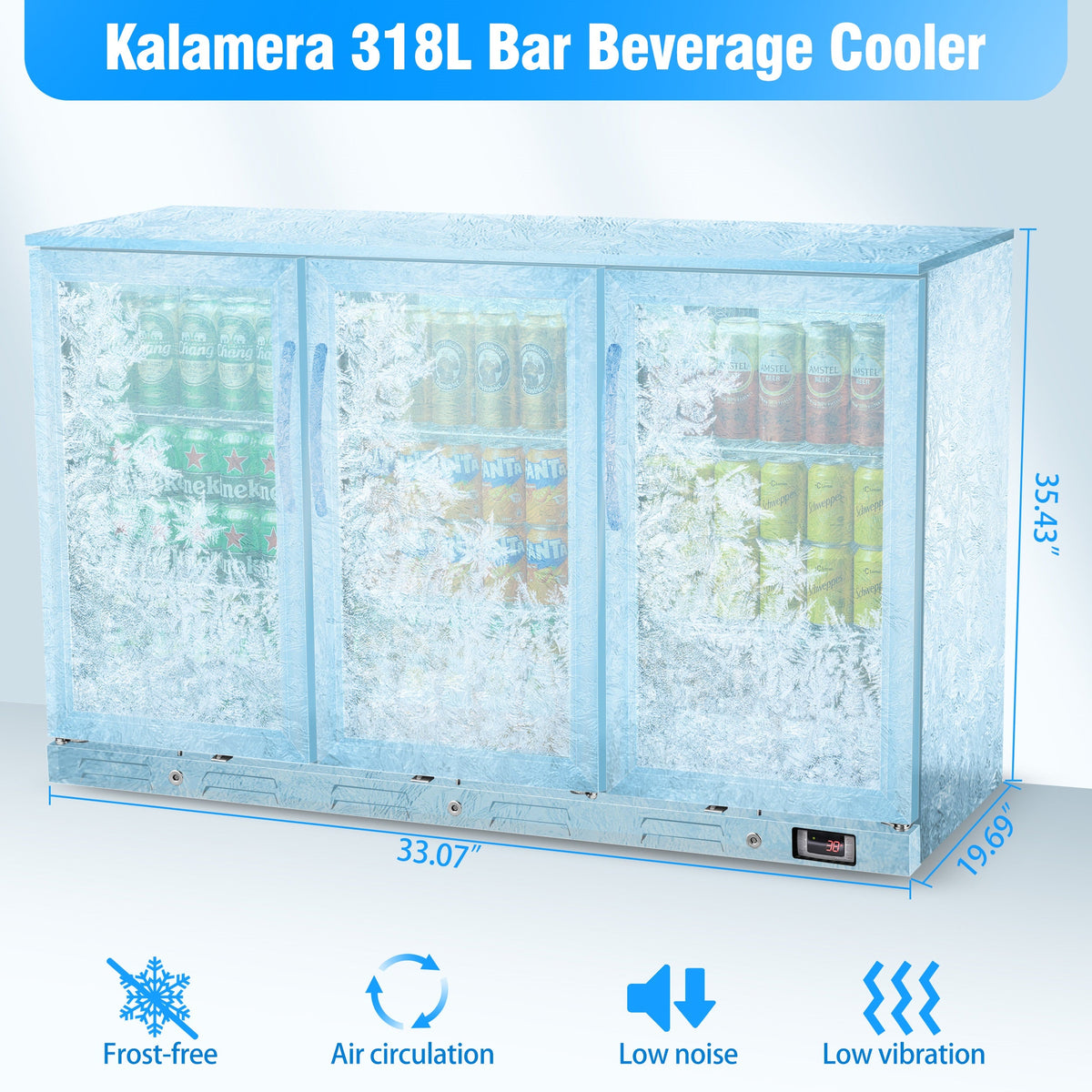 Kalamera three-door 11.2cu.ft back bar undercounter commercial beverage cooler