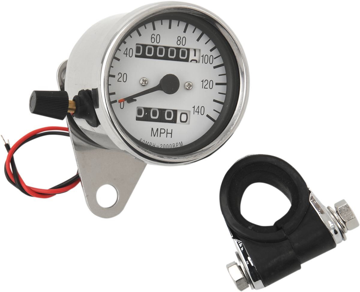 Drag Specialties 2.4-Inch MPH Mini LED Mechanical Speedometer with Indicators and Trip - Chrome Housing, White Face (Part #21-6835-BX15)