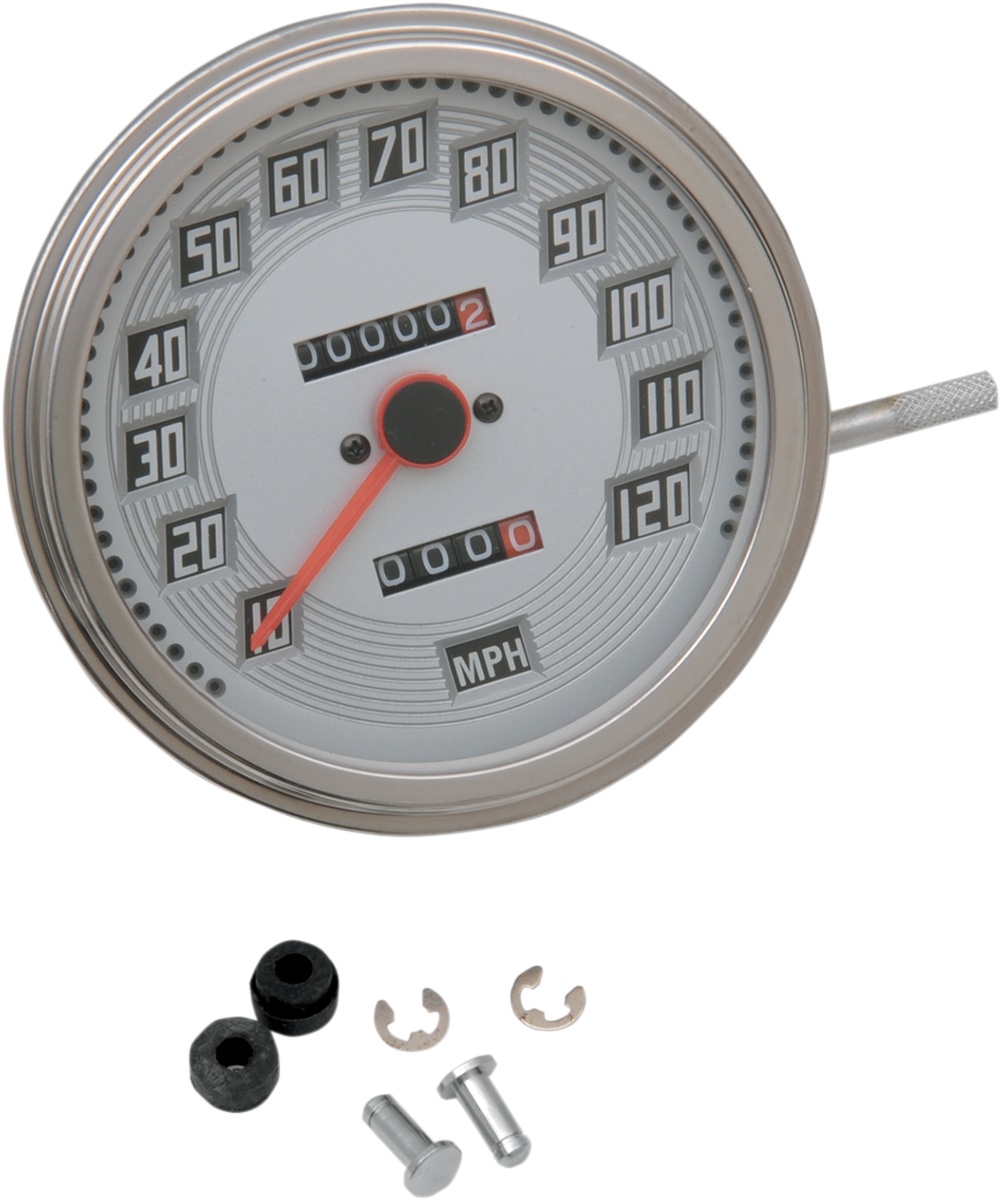 Drag Specialties 5 inch MPH FL-Style 2:1 Speedometer with Tachometer – Billet Look White Face (Part #75694)
