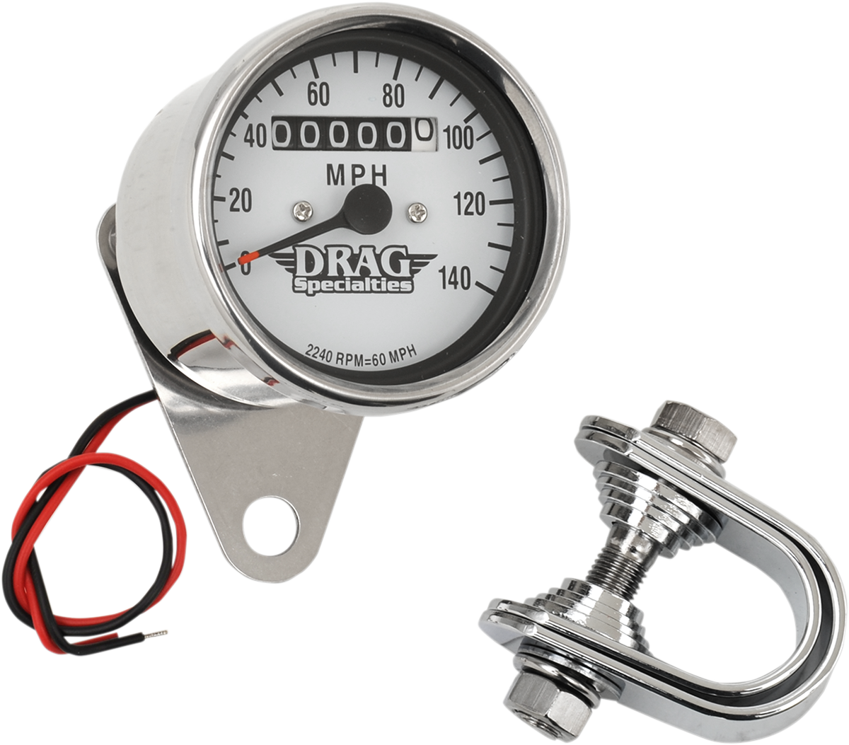 DRAG SPECIALTIES 2.4 Inch MPH Mini LED Mechanical Speedometer with Chrome Housing and White Face - Part 21-6829DS1-BX15