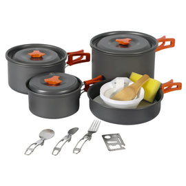 Rdcamp 11/12/22 PCS Camping Cookware Mess Kit featuring multiple pots and cooking utensils, perfect for outdoor adventures.
