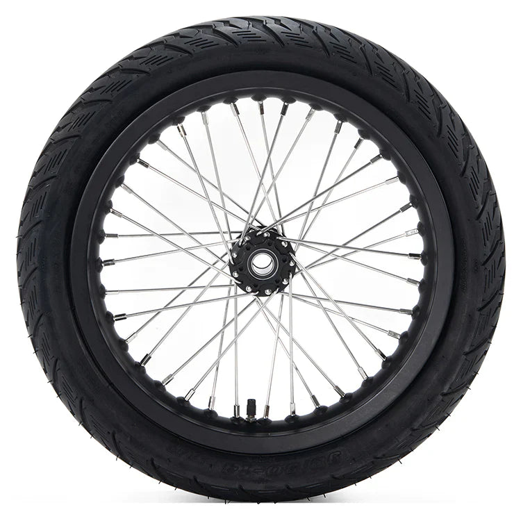 Front view of a 14 inch Supermoto wheel by Puget Sound Motorsports, showcasing sturdy rim and tire designed for Sur-Ron Light Bee X.