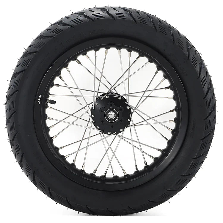 Rear view of a robust 14 inch Supermoto wheel by Puget Sound Motorsports, featuring a black tire and intricate spoke design.