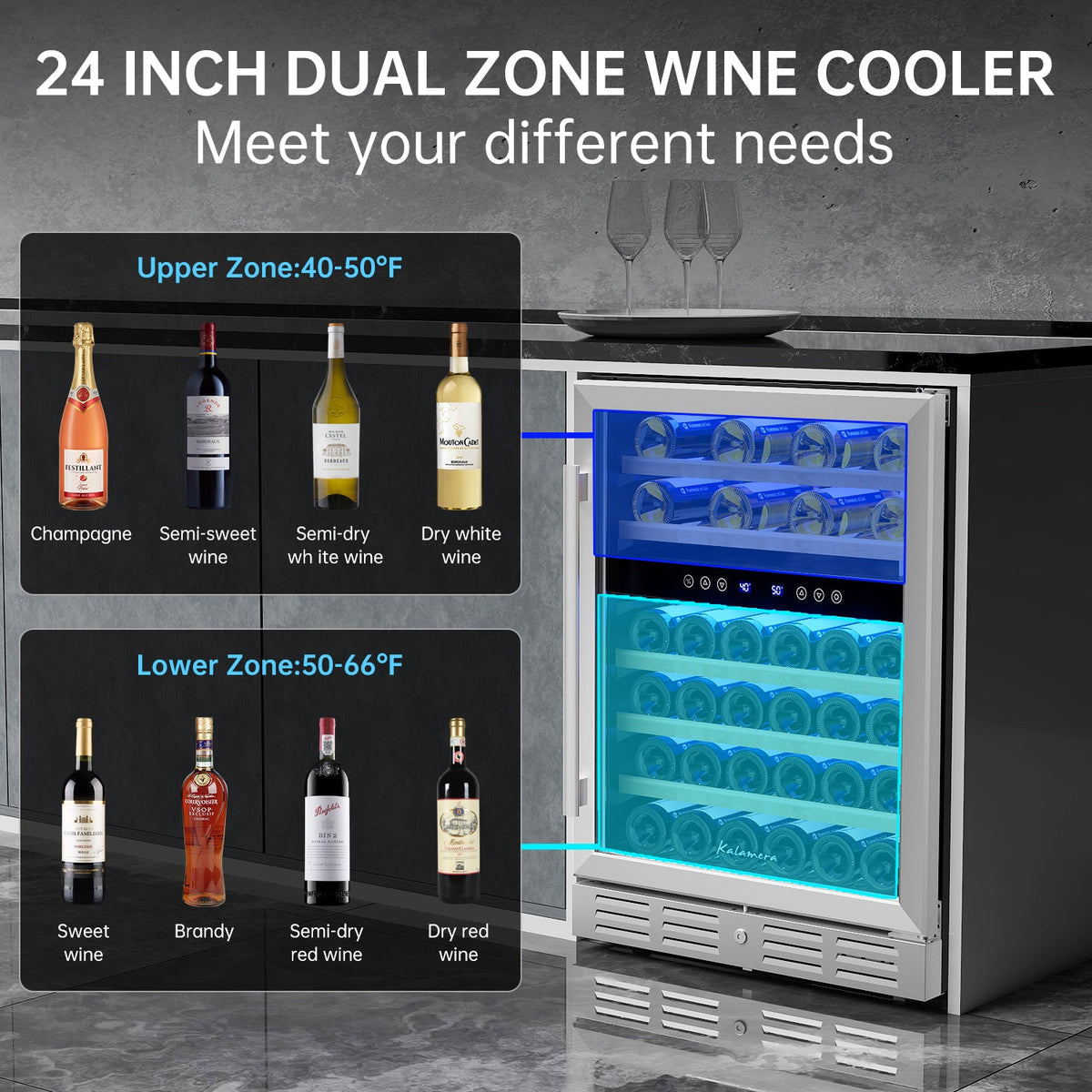 Kalamera 24'' Built-in 46 Bottle Dual Zone Wine Cooler