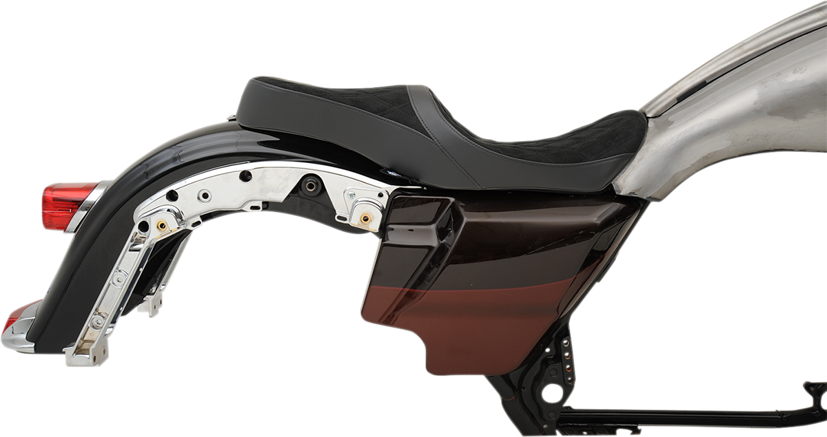 DRAG SPECIALTIES SEATS, DRAG SPECIALTIES SEATS Low Touring Seat for Harley-Davidson FL Models 2008-2023 - Vinyl and Faux Suede with Diamond Pattern and Ness Winged Tanks - Part Number 0801-1078