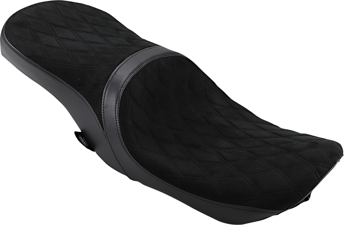 DRAG SPECIALTIES SEATS, DRAG SPECIALTIES SEATS Low Touring Seat for Harley-Davidson FL Models 2008-2023 - Vinyl and Faux Suede with Diamond Pattern and Ness Winged Tanks - Part Number 0801-1078