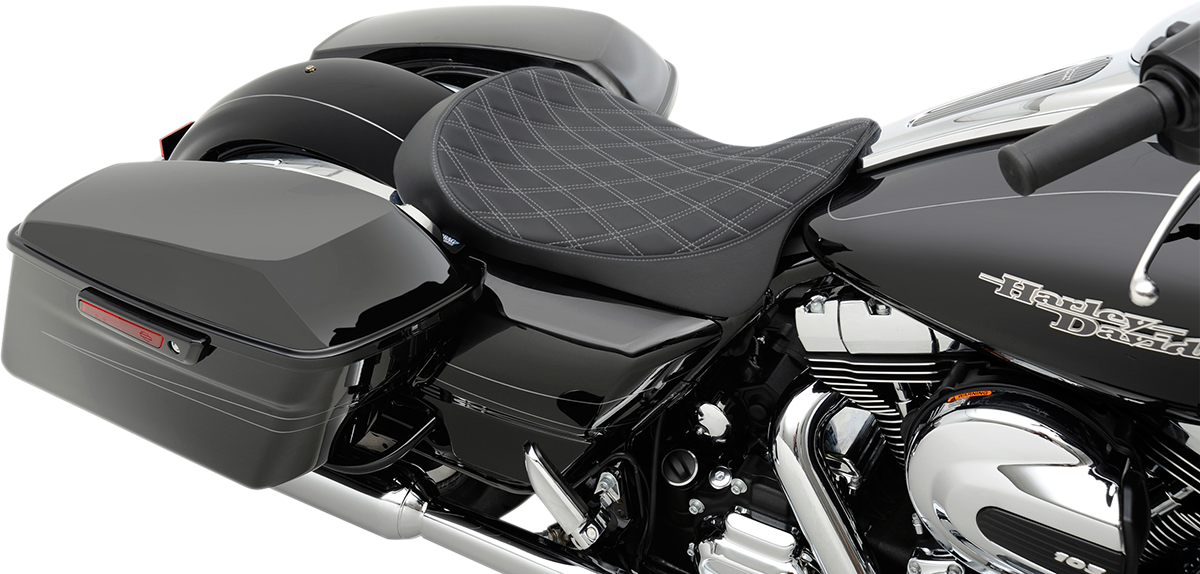 DRAG SPECIALTIES SEATS, Drag Specialties Seats Low Solo Seat - Double Diamond Silver Stitch for Harley FL 2008-2023 (Part #0801-1153)