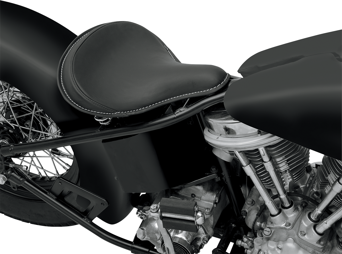 DRAG SPECIALTIES SEATS, DRAG SPECIALTIES SEATS Spring Solo Seat Large Black Solar-Reflective Leather with White Perimeter Stitch - Part #0806-0048