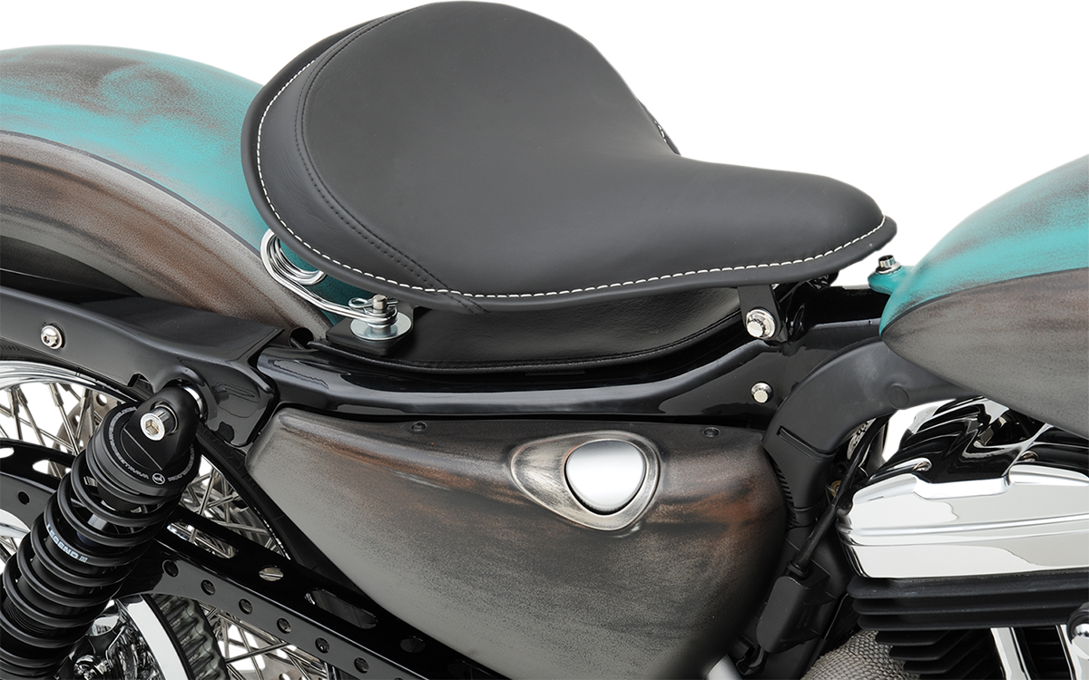 DRAG SPECIALTIES SEATS, DRAG SPECIALTIES SEATS Spring Solo Seat Large Black Solar-Reflective Leather with White Perimeter Stitch - Part #0806-0048