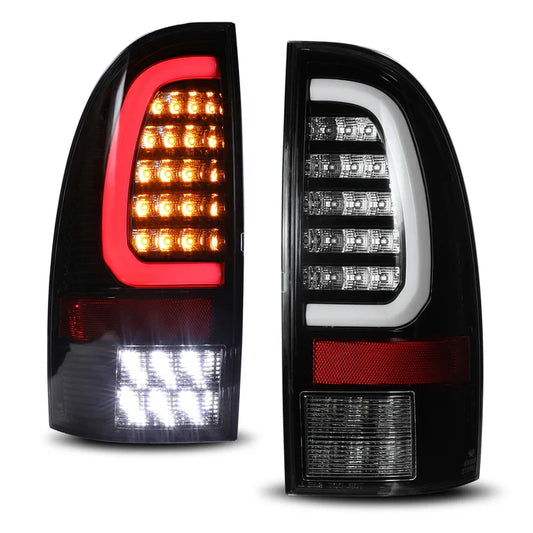 Winjet 2005-2015 Toyota Tacoma LED Sequential Tail Light w/Yellow Turn Signal - Glossy Black / Clear