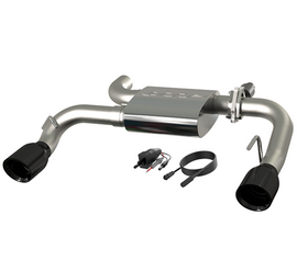 2021-2024 Ford Bronco QTP Screamer Axle Back exhaust system with black tips, featuring a sleek stainless steel design and components for enhanced performance.