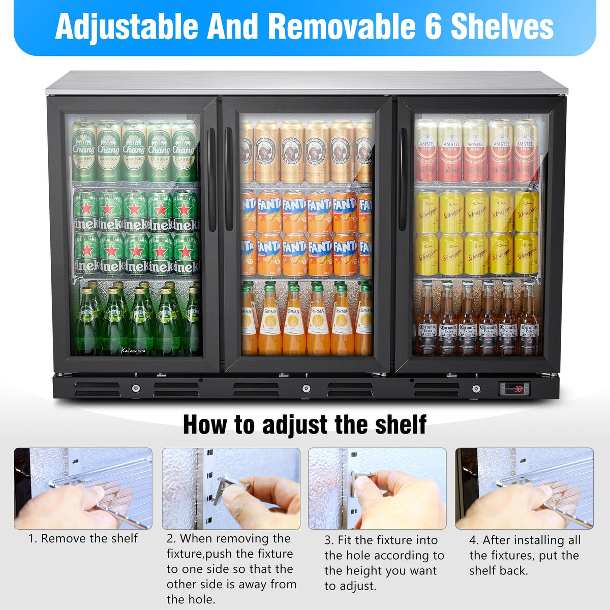 Kalamera three-door 11.2cu.ft back bar undercounter commercial beverage cooler with 304 S/S top board