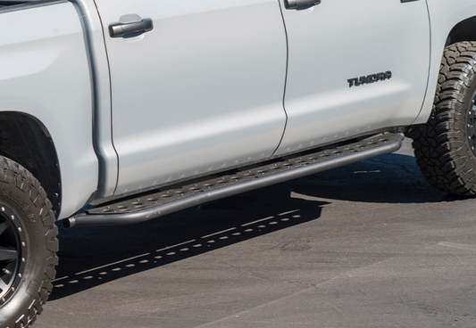 Cali Raised 14-21 Toyota Tundra Step Ed Rock Sliders - Kick Out/PwdrCoat Plate/Raw Steel