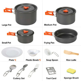 Rdcamp 11/12/22 PCS Camping Cookware Mess Kit displaying individual cookware items including large, medium, and small pots, frying pan, plates, and utensils.